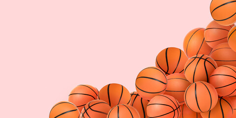 Many basketball balls on pink background with space for text