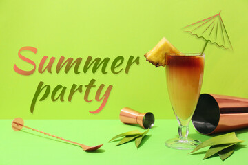 Advertisement banner for summer party with glass of cold mai tai cocktail