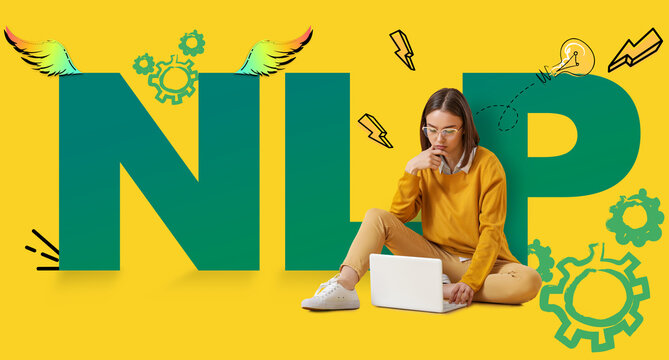 Collage with young woman using laptop and word NLP on yellow background