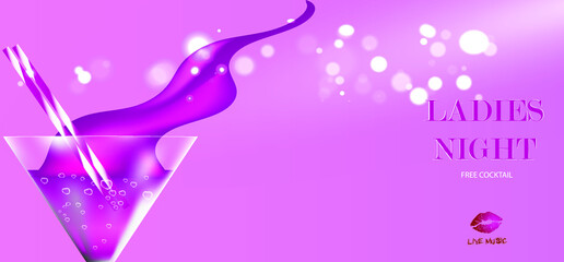 Pink banner for ladies night out with cocktail and sequins