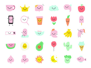 hand drawn colorful doodle icon set. simple drawn smile character objects. funny cartoon sticker elements