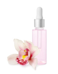 Cosmetic product in bottle on white background
