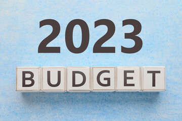 Word BUDGET made of cubes and figure 2023 on light blue background