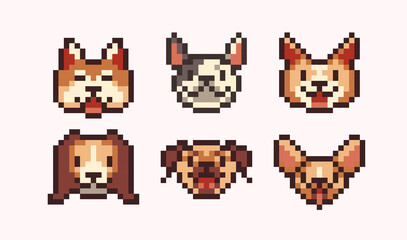 Happy dog faces pixel art set. Different doggy breeds collection.  Akita inu, french bulldog, corgi, beagle, pug, chihuahua. 8 bit sprite. Game development, mobile app.  Isolated vector illustration.