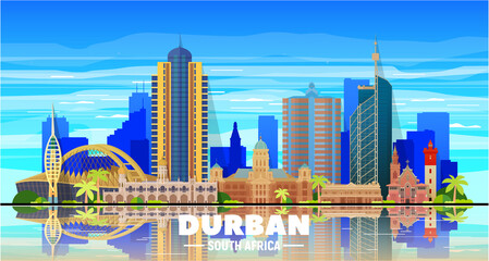 Durban (South Africa) skyline with panorama at sky background. Vector Illustration. Business travel and tourism concept with modern buildings. Image for banner or web site. - obrazy, fototapety, plakaty