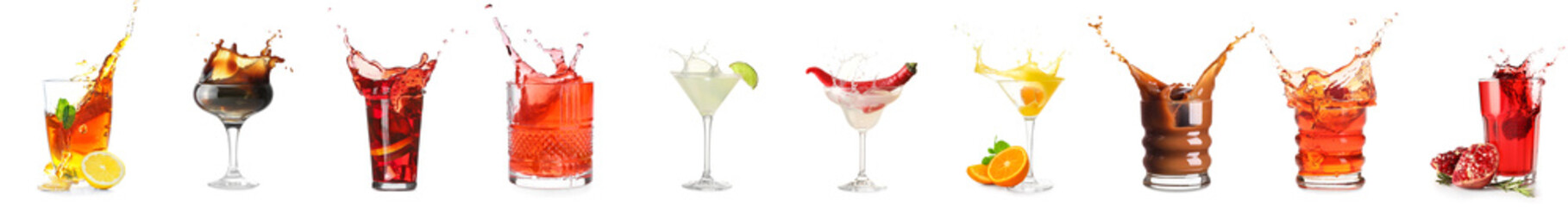 Set of different drinks with splashes isolated on white