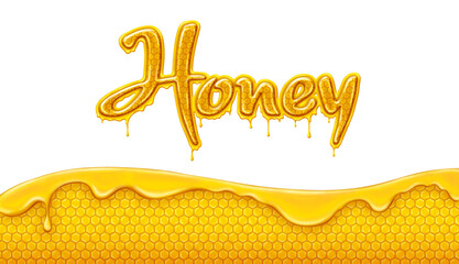 Lettering honey on white background. Art honeycombs with dripping honey. Beehive honeycomb with hexagon grid cells background.
Dripping honey. Drawn illustration for cafe, shop, bakery menu - 514388744