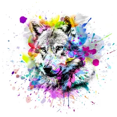 Gordijnen Wolf head with creative abstract element on colorful background © reznik_val