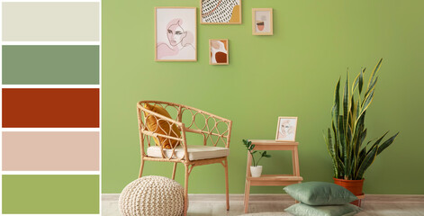 Interior of room with chair, stepladder stool and houseplant near green wall. Different color patterns