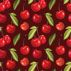 Seamless vector pattern, watercolor cherries on dark background