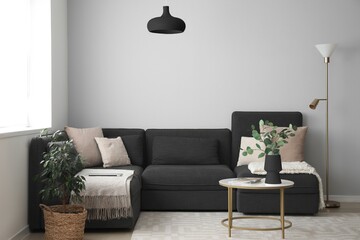 Interior of modern living room with black sofa and table