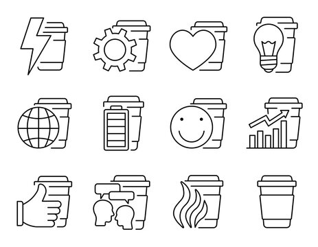 Set of line icons related to coffee topic and reasons to drink coffee as energy, productivity, smell, opportunity to chat etc. Vector stock Icons.