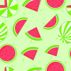 Print design vector illustration of red and green watermelon on white background. Seamless pattern with flat style. 