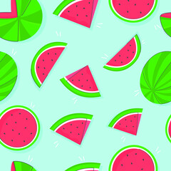Print design vector illustration of red and green watermelon on blue background. Seamless pattern with flat style. 