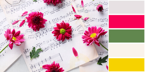 Beautiful flowers on music sheets. Different color patterns