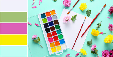 Beautiful composition with flowers and paints on turquoise background. Different color patterns