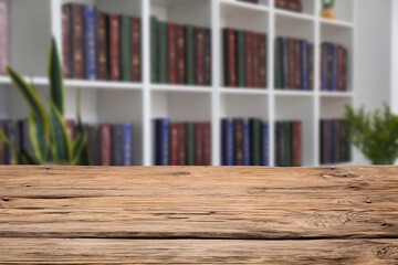 Empty wooden table in modern library