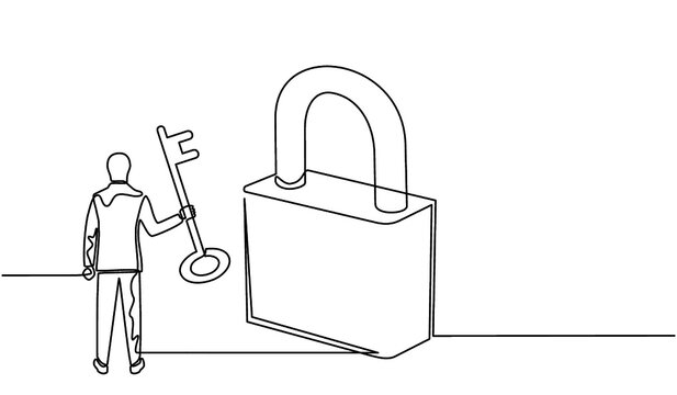 Continuous one line drawing of a businessman carrying a key with a padlock around. Lock and padlock icon. The concept of achieving keys to success, solutions and opportunities in doodle style.