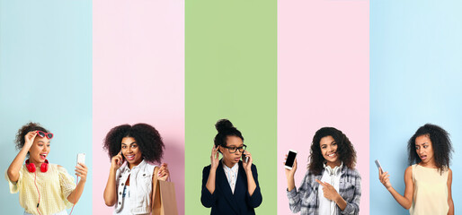 Collage of young African-American women with mobile phone on color background with space for text