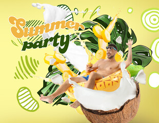Creative collage of happy man with inflatable ring, coconut with splashes and tropical leaf on...