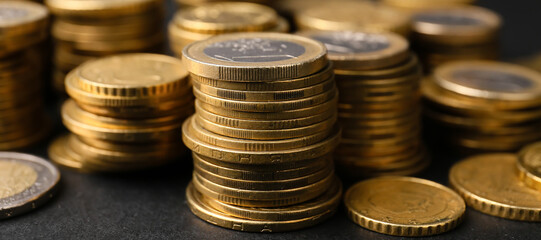 Stacks of coins on dark background, closeup