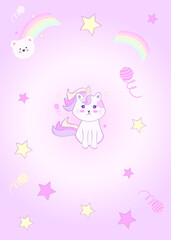 A cat dressed as a unicorn on a light purple background decorated with stars and rainbows.