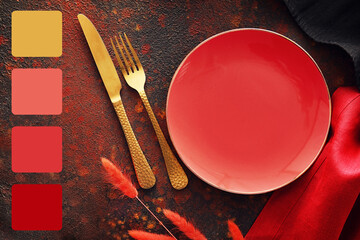 Beautiful table setting on grunge background. Different color patterns
