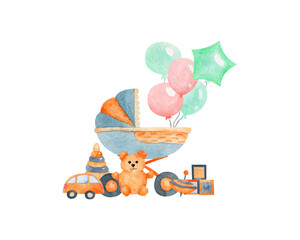 Baby watercolor illustration on isolated white background. Baby carriage, balloon. For designing greeting cards, social media, stationery, printing on objects, etc.