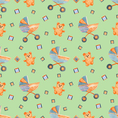 Baby watercolor seamless pattern on isolated  background. Cube toy, teddy bear, baby carriage. For greeting cards, stationery, wrapping paper, wallpaper, splash screen, social media, etc.