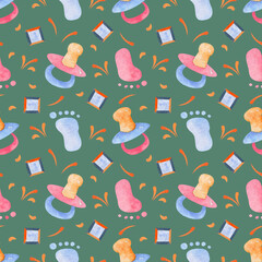 Baby watercolor seamless pattern on isolated  background. Pacifier, baby footprints. For greeting cards, stationery, wrapping paper, wallpaper, splash screen, social media, etc.