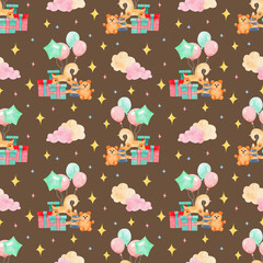 Baby watercolor seamless pattern on isolated  background. Wooden horse toy, balloon, gifts. For greeting cards, stationery, wrapping paper, wallpaper, splash screen, social media, etc.