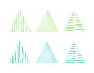 Watercolor abstract modern set (triangle) on isolated background. Mint and warm green. For stationery design, clothing print, phone case design