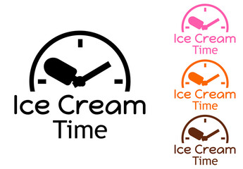 Banner con texto Ice Cream Time. Logotipo con helado con paleta de madera en esfera de reloj. Vector con líneas en varios colores