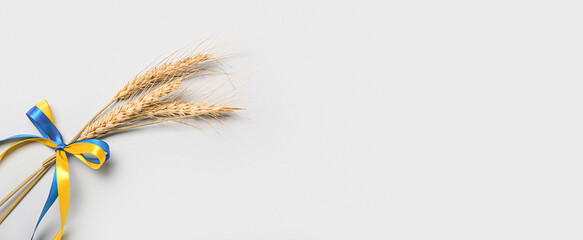 Wheat spikelets and ribbon in colors of Ukrainian flag on light background with space for text