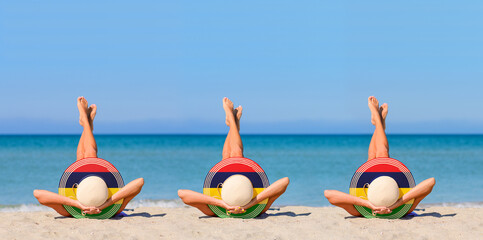 Three young girls on the beach wearing straw hats in the colors of the flag of Mauritius. The concept of the perfect holiday in the resorts of the Mauritius. Focus on hats.