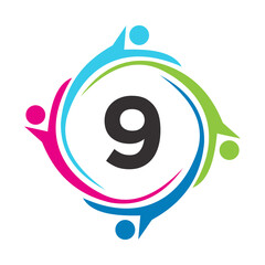 Letter 9 Teamwork Logo Unite Symbol. Charity Sign Community Health Care Union Logotype