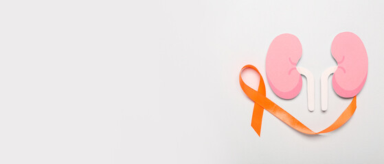 Orange ribbon and paper kidneys on light background with space for text. Cancer awareness concept