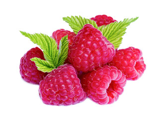 Fresh ripe raspberries on a white background.