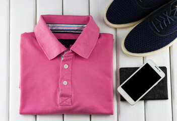 Male set of shirt with shoes and smartphone.