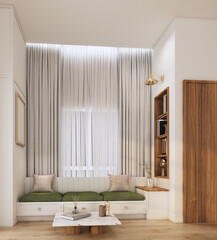 modern English country cottage white built in bench with green cushion in front of window with wall book shelf with white marble coffee table  relax area interior design , window bay 3d render.
