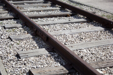 Railway. Fragment. Rails and sleepers close-up. High quality photo