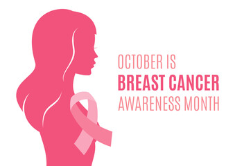 October is Breast Cancer Awareness Month vector. Young woman silhouette and pink cancer awareness ribbon icon vector isolated on a white background. Important day