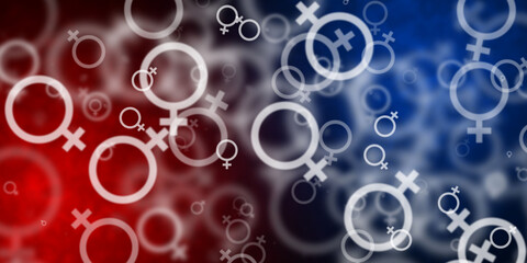 Abstract red and blue background with flying female symbols