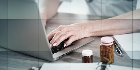Fototapeta na wymiar Female doctor using laptop, geometric pattern