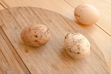 Fototapeta na wymiar Fresh but dirty poultry farm eggs. Close up. Selective focus.