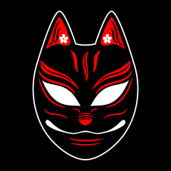 Kitsune fox mask japanese style tattoo sticker flat vector black red icon design.