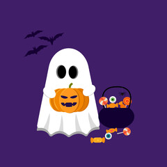 Happy Halloween, cute little ghost cartoon character, scary spooky white ghost holding orange pumpkin with candy in pot, Autumn holiday icon, vector illustration graphics on purple background.