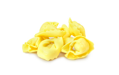 Food background pasta tortellini uncooked or raw with filling closed up isolated on white