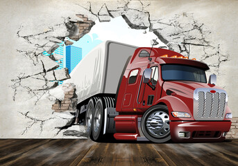 Fototapety  Digital image, the truck smashed the wall. 3d image. 3d wallpaper on the wall in the children's room.