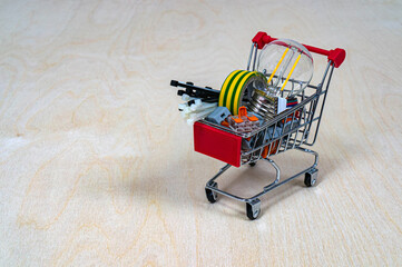 A Shopping Cart with electrical parts and components.